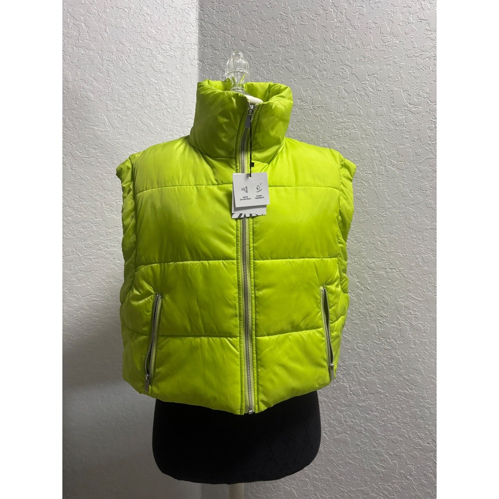 Zara Neon Lime Green Puffer Vest Water Repellent Wind Protection NWT Large - Picture 1 of 6